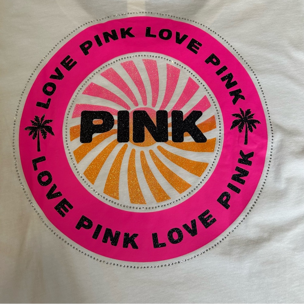 VS PINK White Tee Shirt Glitter Rhinestone Summer Logo Large NWT - Picture 4 of 5